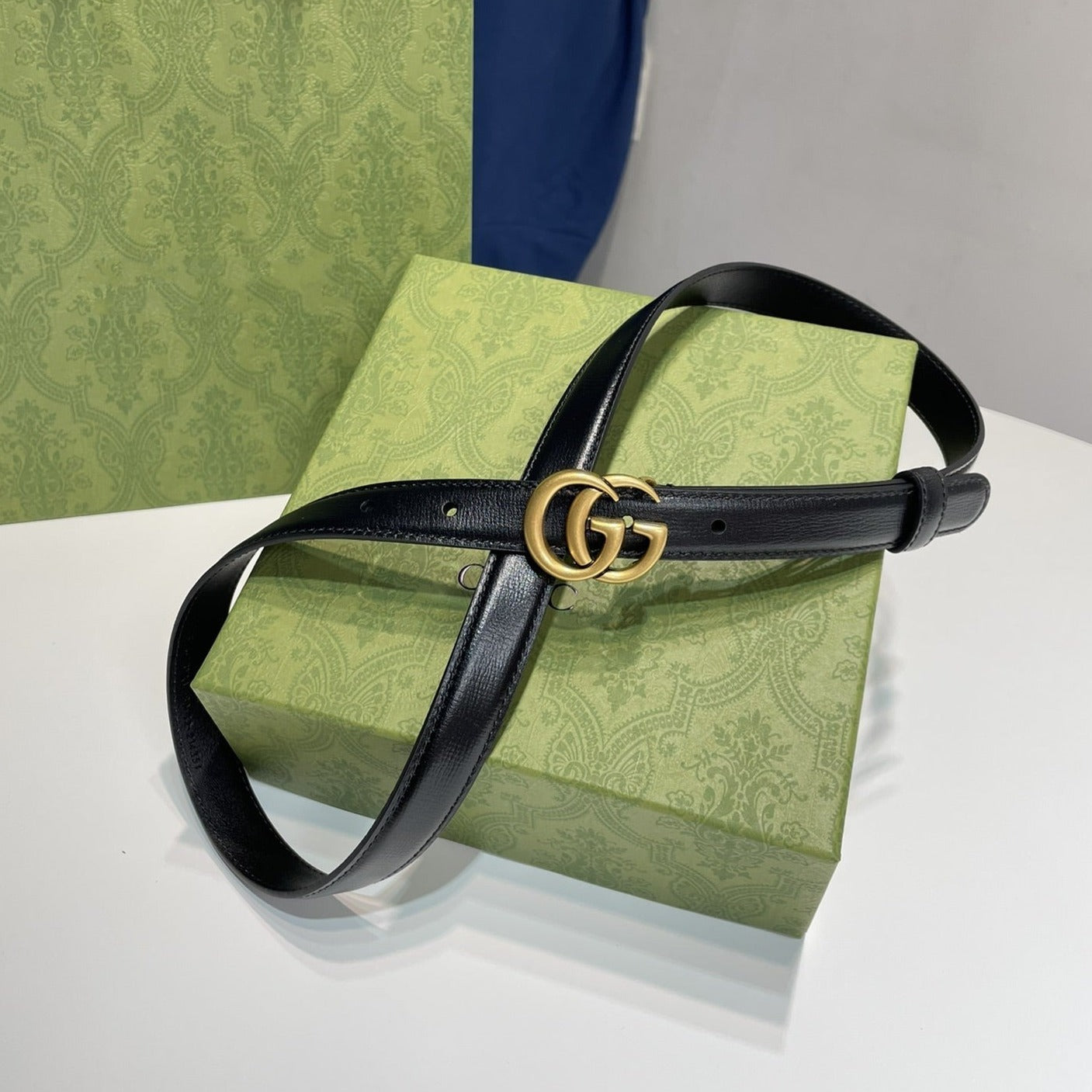 GG BELT DOUBLE G GOLD BUCKLE 20MM BLACK LEATHER