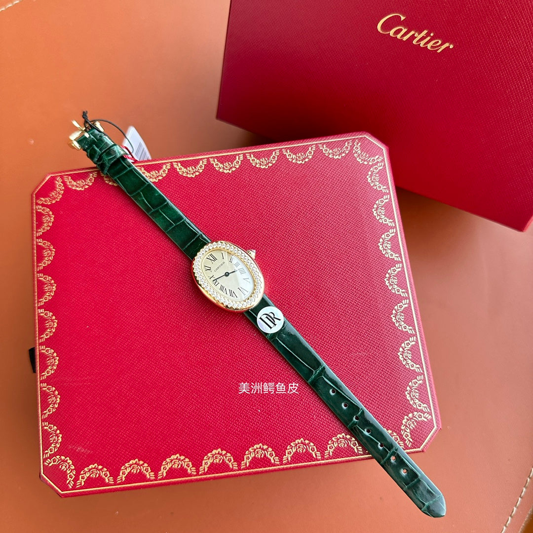 Baignoire 23mm Pink Gold Case Diamond Bezel Dark Green Leather Strap