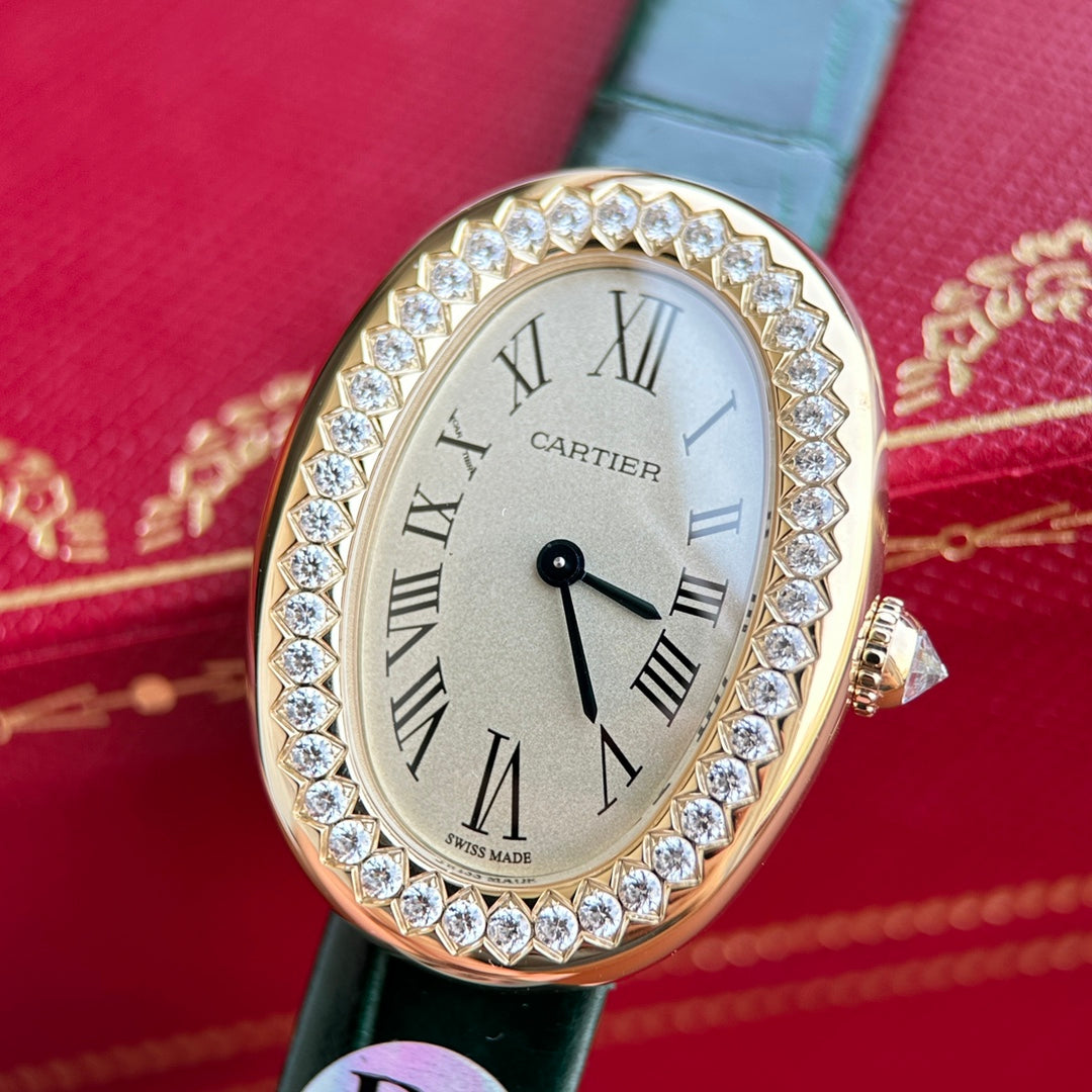 Baignoire 23mm Pink Gold Case Diamond Bezel Dark Green Leather Strap