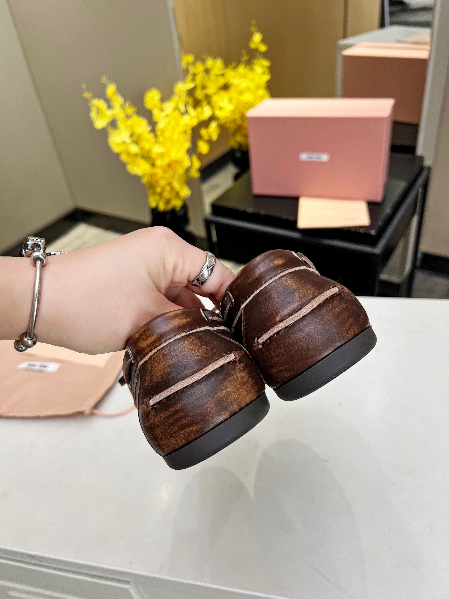 Miu Loafers Chocolate Brown Calfskin