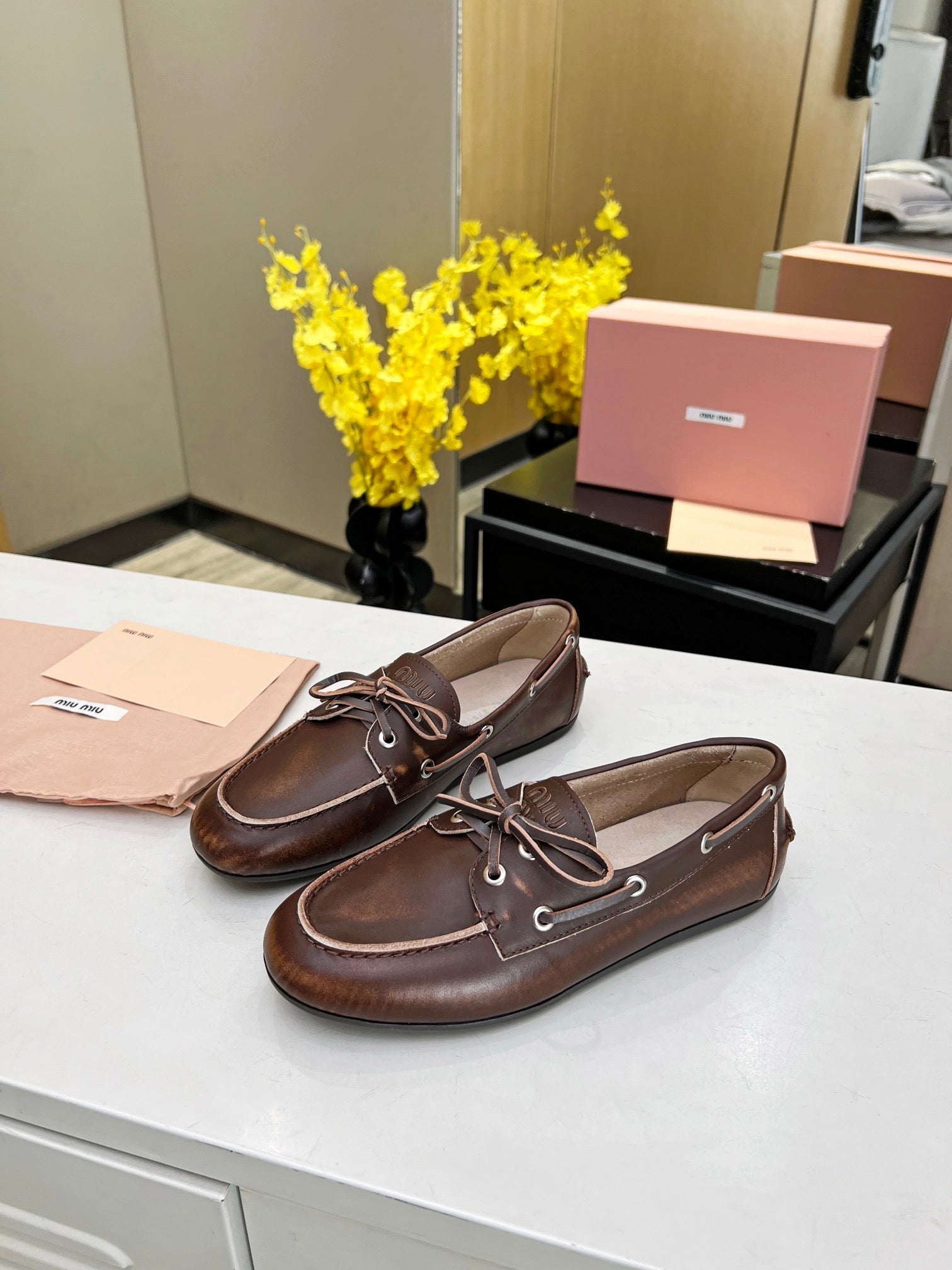 Miu Loafers Chocolate Brown Calfskin