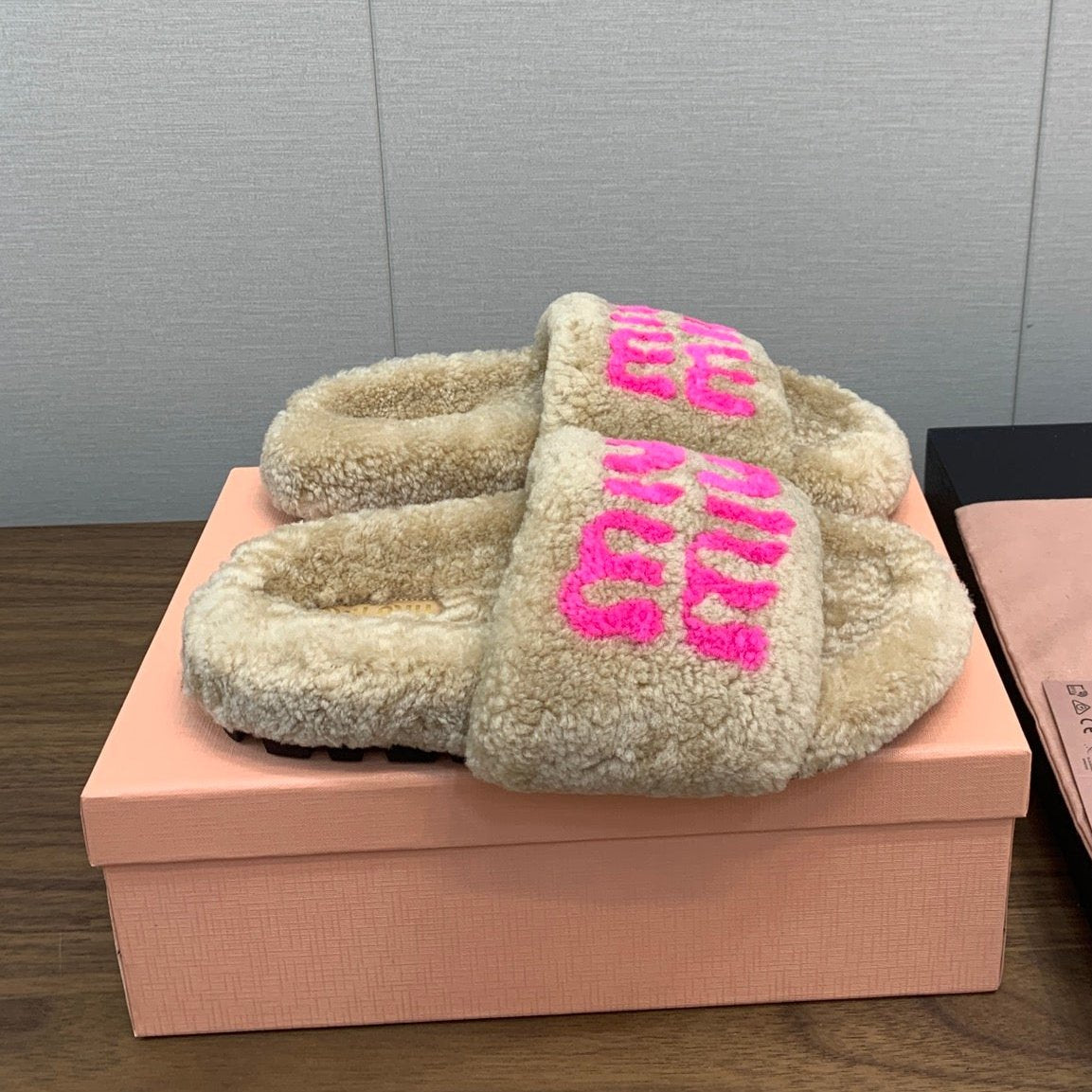 Miu slippers Light Brown With Pink Lettering Pure Wool