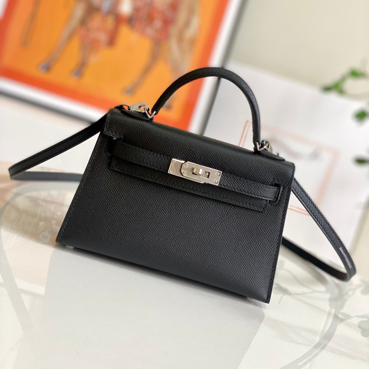 HM Mini Kelly 19cm Black Epsom Silver Hardware